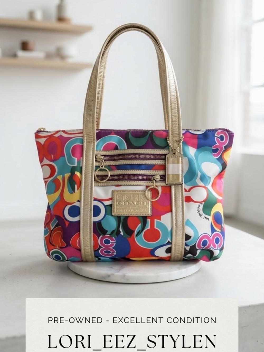 Y2K Coach Multicolor Signature Print Tote with Gold Handles